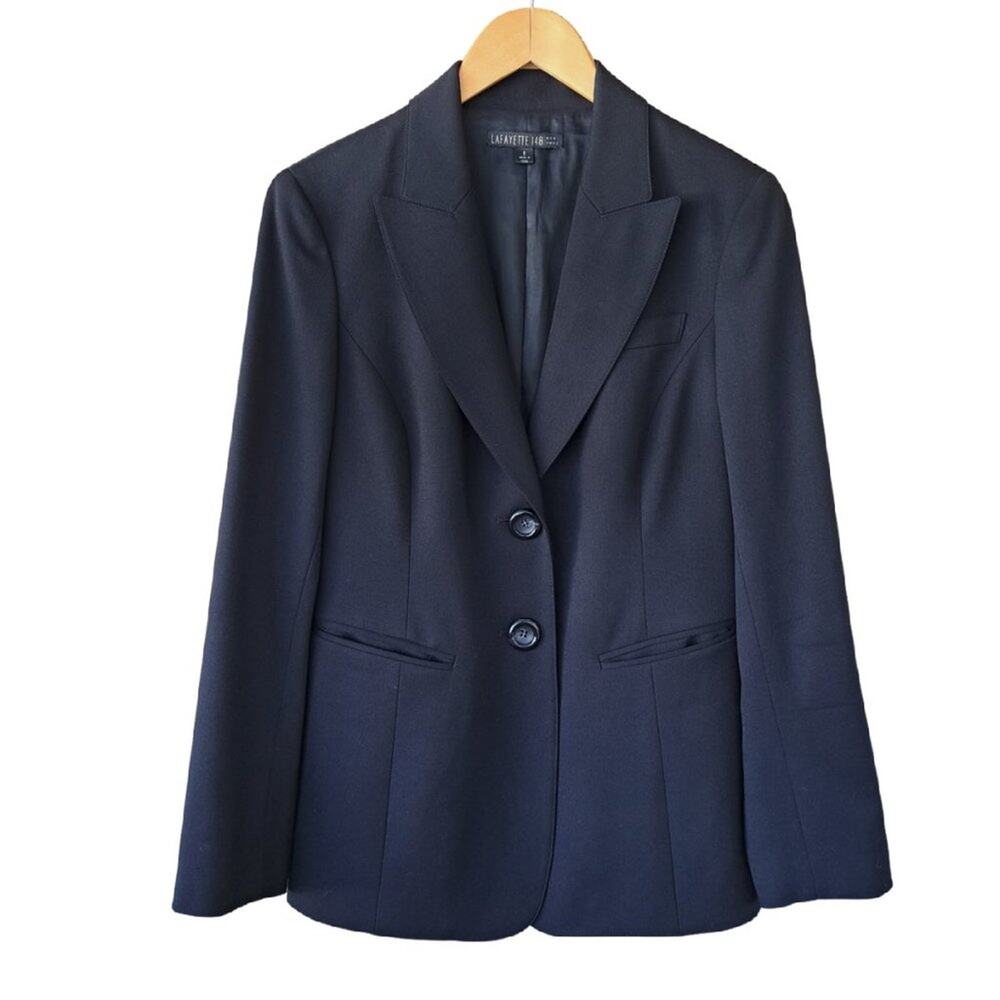 Lafayette 148 New York Italian Virgin Wool Blazer Jacket Black Peak Lapel Size 8